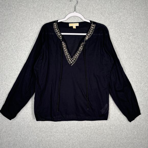 Michael Kors Top Womens Large Navy Embellished Popover Thin‎ Boho Blouse READ - Picture 1 of 13